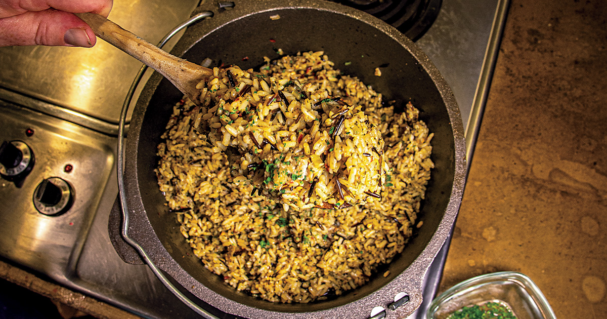 Cajun Dirty Rice with Duck Gizzards and Livers cooking. Photo by John Hoffman, DU
